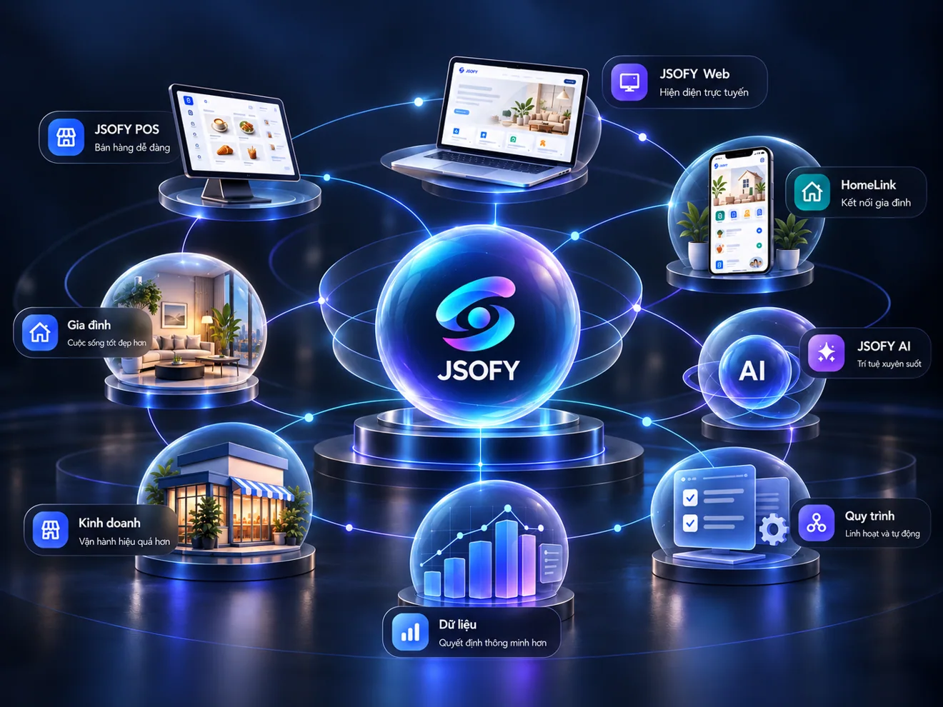 Minh họa hệ sinh thái JSOFY nền tối